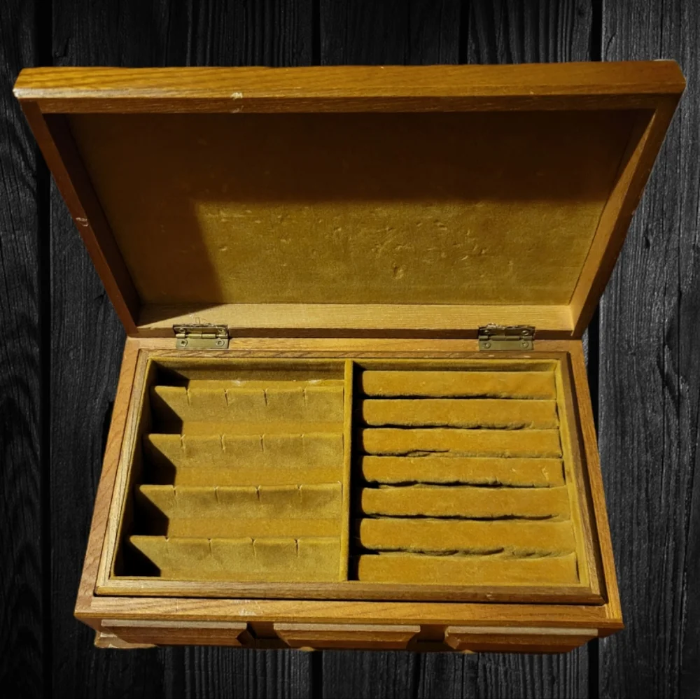 Vtg Jewelry Box Wooden Hinged 2 Layers Holds Rings Earrings Chains